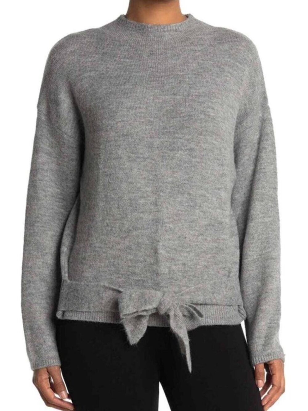 NEW NWT WAYF Mock Neck Tie Waist Sweater Gray Acrylic WOOL Blend Fuzzy Large L